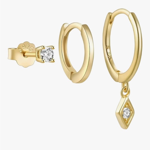 925 Sterling Silver Gold Mini Hoop Earrings with CZ Charm (Single Piece) - Picture 3 of 6